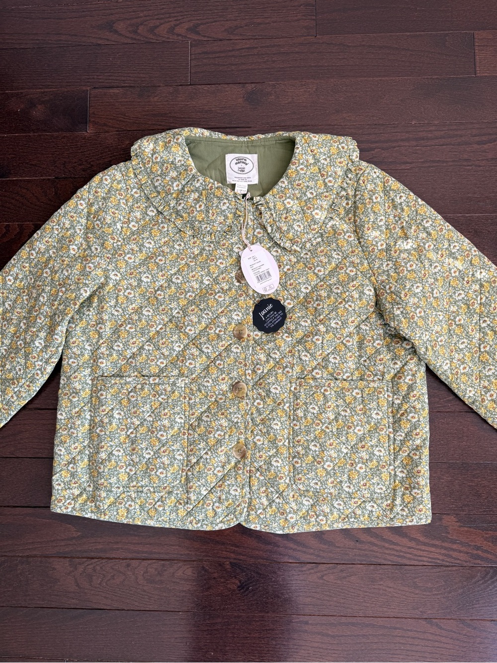 Laura Ashley Green and Yellow Floral Quilted Jacket with Peter Pan Collar